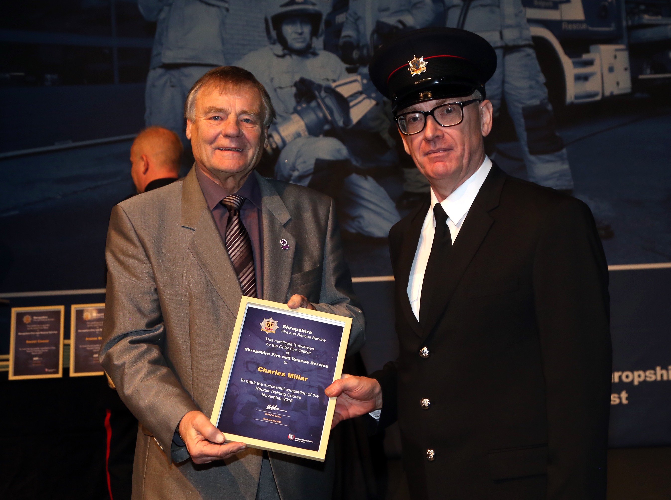 Church Stretton beekeeper Charles Millar (60), who is the county’s oldest recruit, is welcomed into the service by Councillor Eric Carter, chair of Shropshire and Wrekin Fire Authority.