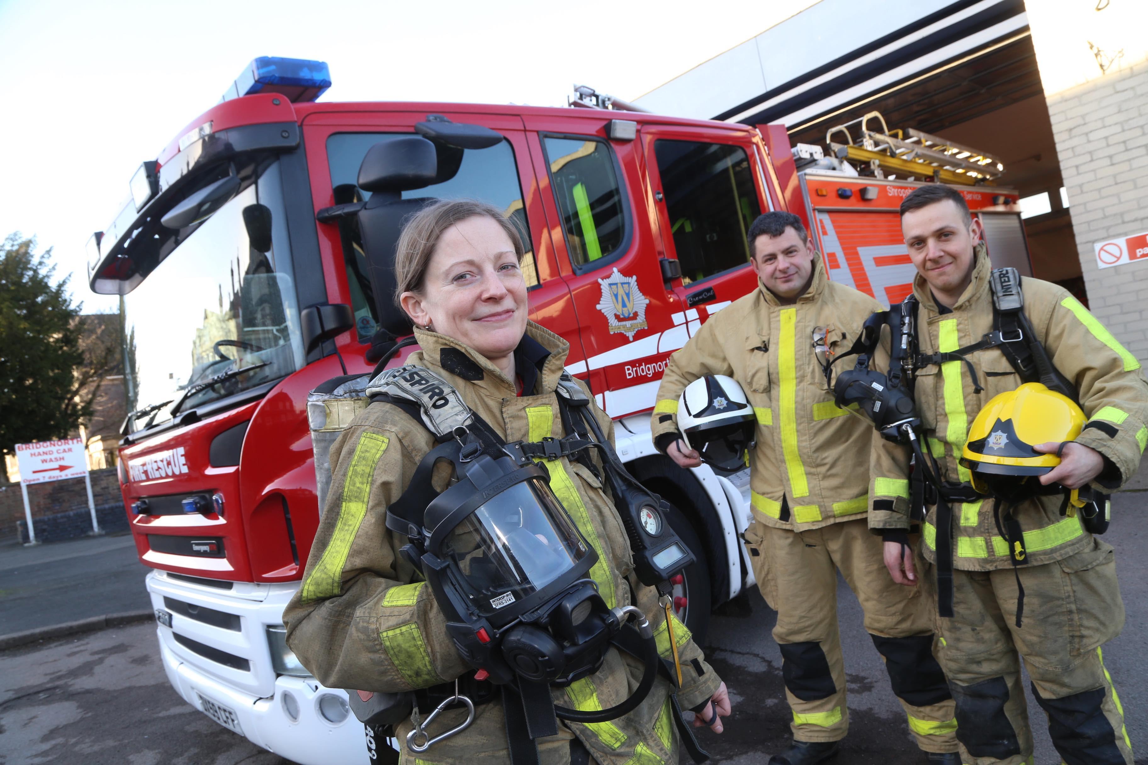 Alice Stanley with Watch Manager Ashley Brown and firefighter Joe Smallman