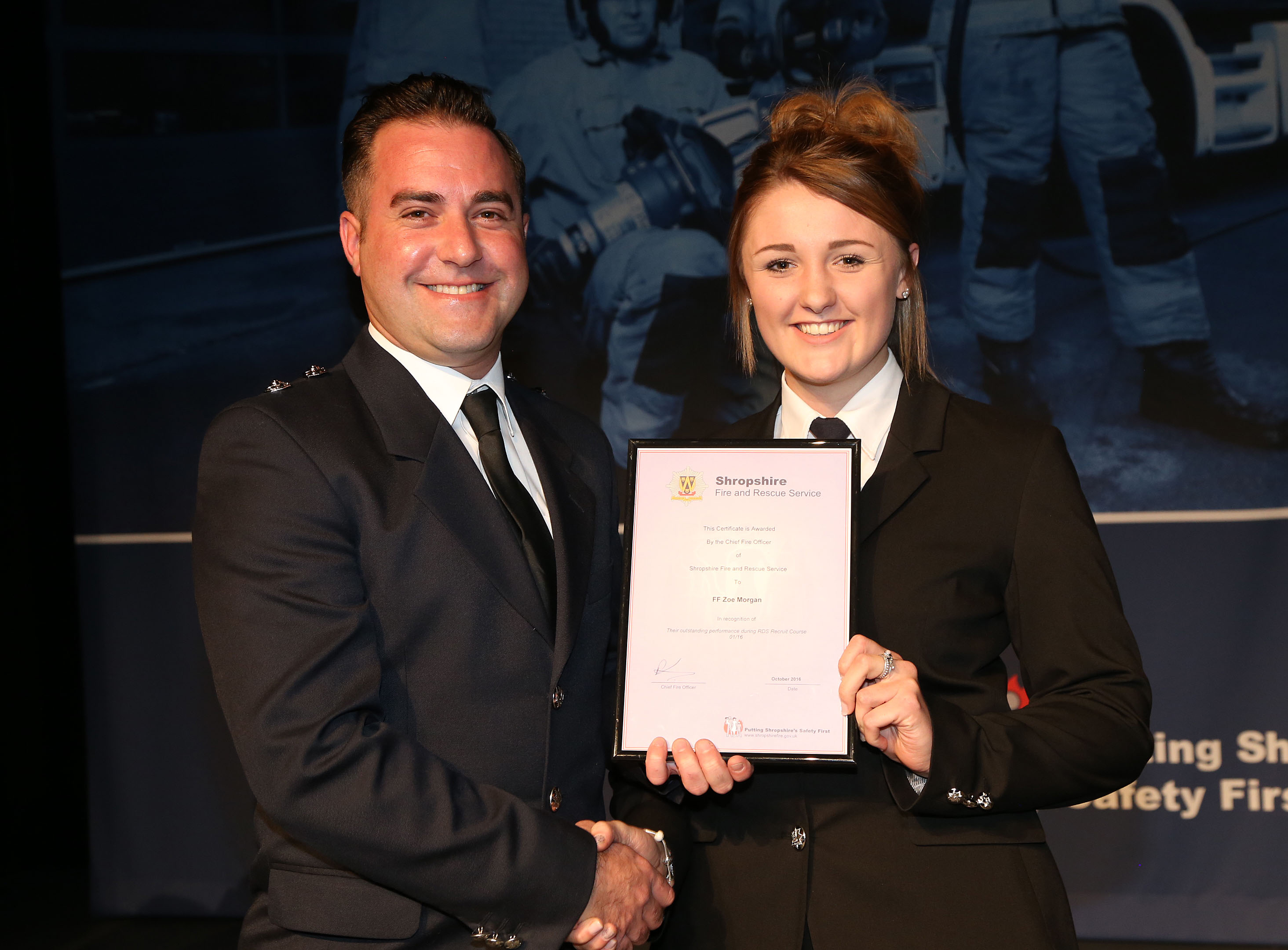 Delivery driver Sam Bills, from Cleobury Mortimer, won the top student award for his course as did Zoe Morgan, from Craven Arms, pictured with Watch Manager Matt Angell.