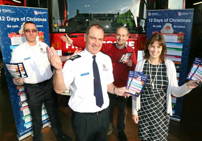A fire safety campaign for Christmas is launched by Shropshire fire chiefs at Shrewsbury fire HQ. L to R: Charlie Cartwright, John Redmond, Keith Roberts and Louise McKenzie. 
