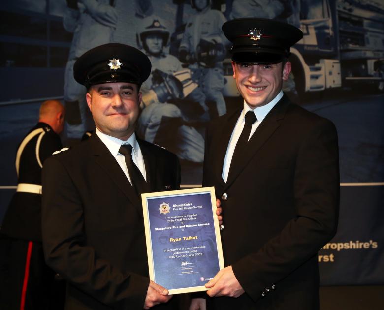 Survival instructor Ryan Talbot was one of four new Shropshire firefighter recruits to win the Top Student award for their individual courses from instructor Matt Angell