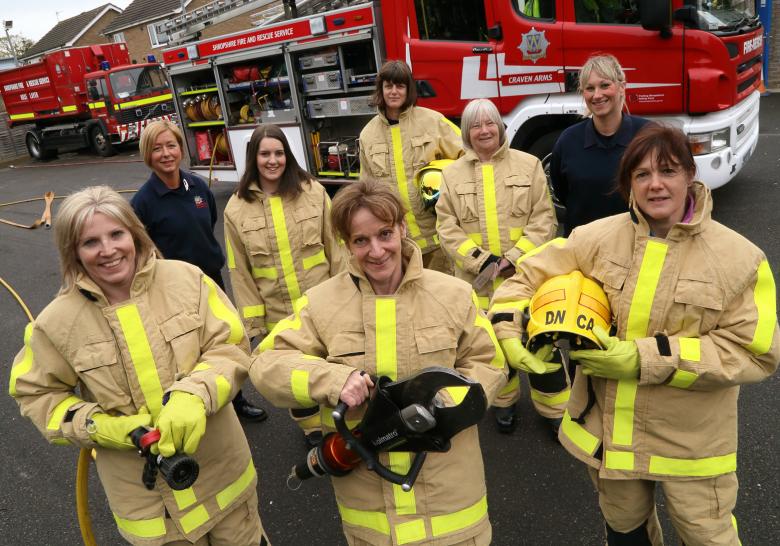 Shropshire firefighters Ruth Walkerdine (left) and Kat Frost (right) with potential new recruits at the Craven Arms taster day for women. Front: Tracey Keene, Sylvie Harley and Sally Mawhinney. Back row, Elizabeth Dixon, Victoria Butt and Christine Rooney.