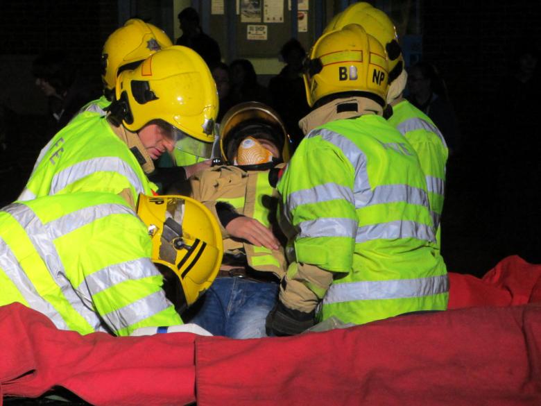 Newport firefighters show students at Harper Adams University how a victim of a road traffic collision is successfully and carefully extricated from the wreckage of a car in a demonstration on campus
